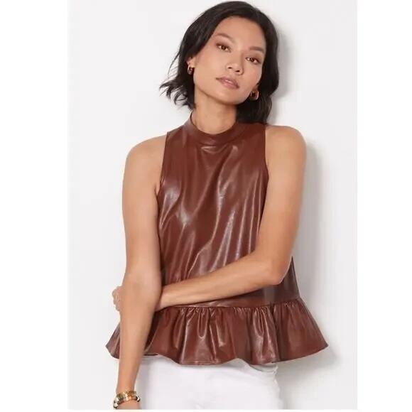 Amanda Uprichard Faux Leather Anders Peplum Ruffle Tank Top Brown Small - Picture 1 of 9